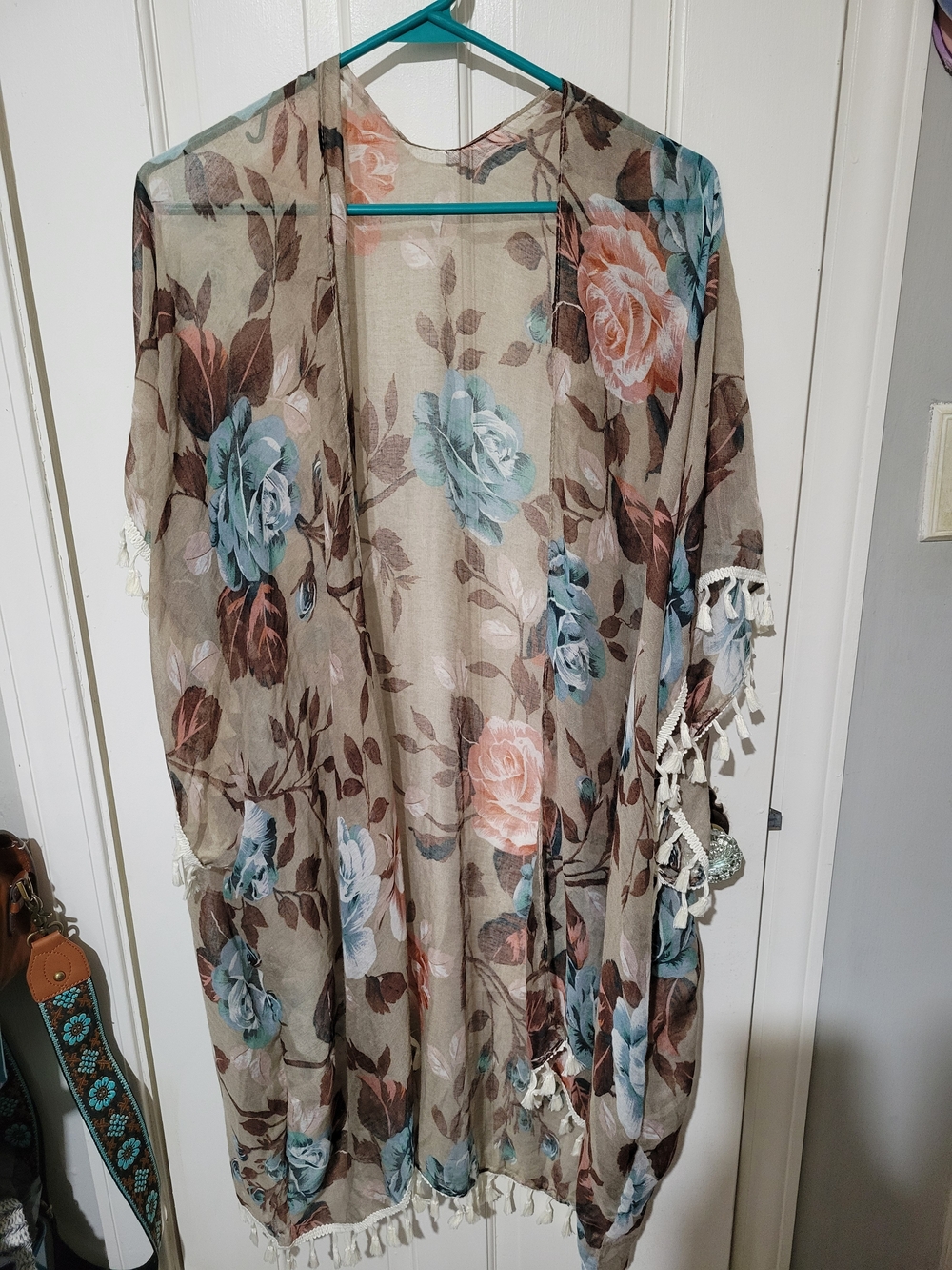 Floral Sheer Kimono Cover-Up in Beige with Blue and Peach Roses